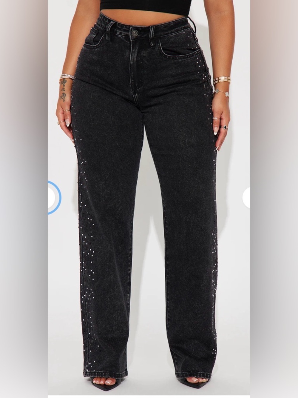 Fashion Nova Dark Gray Washed Black Embellished‎ Studded Straight Leg Jeans Sz 0